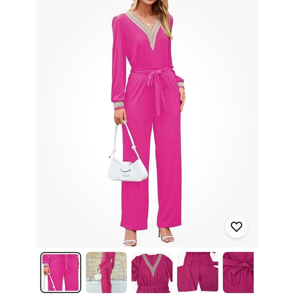 Dressy Jumpsuits wBelt Long Sleeve Crochet Lace VNeck High Waist Wide Leg Medium